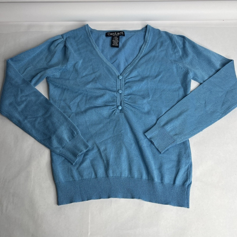 Contact New York Woman Blue Teal Sweater‎ V-Neck  70% Rayon 30% Nylon Medium